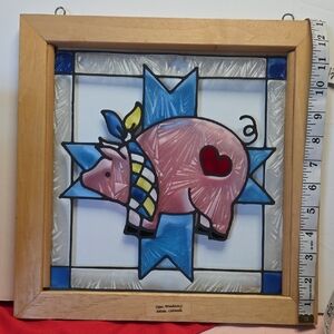 Open Windows Whimsical Pink and Blue Stained Glass Pig Art